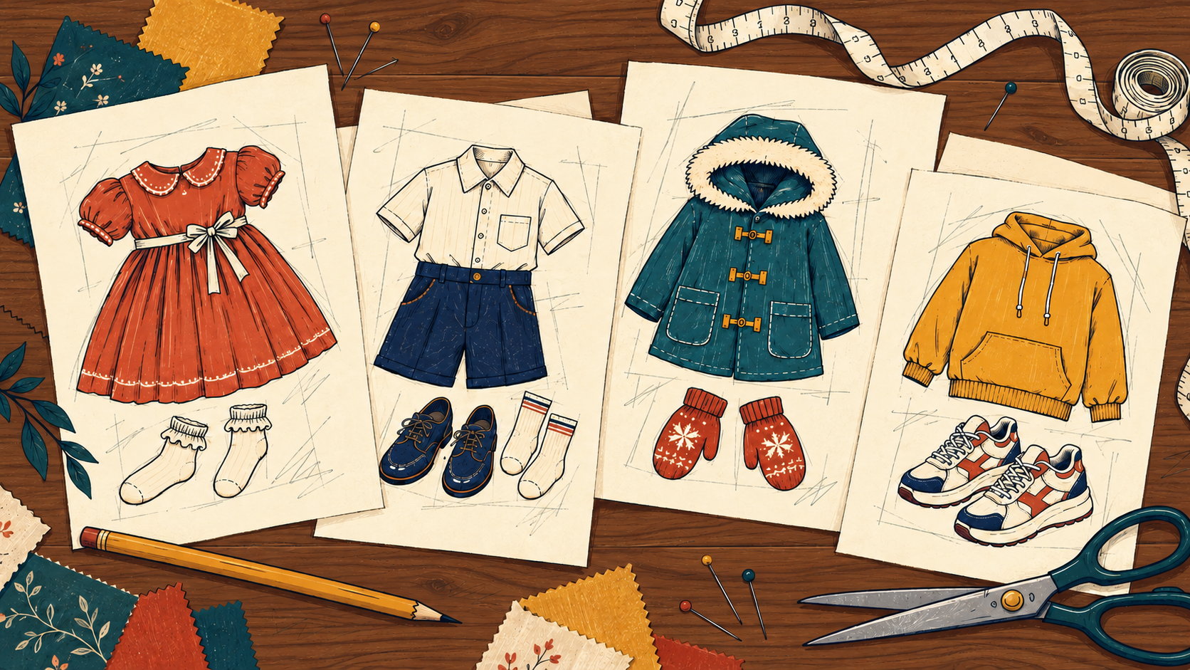 Illustrated clothing sketches on loose sheets scattered across a warm brown wooden dressmaker’s desk, with a pencil, measuring tape, fabric swatches and scissors.